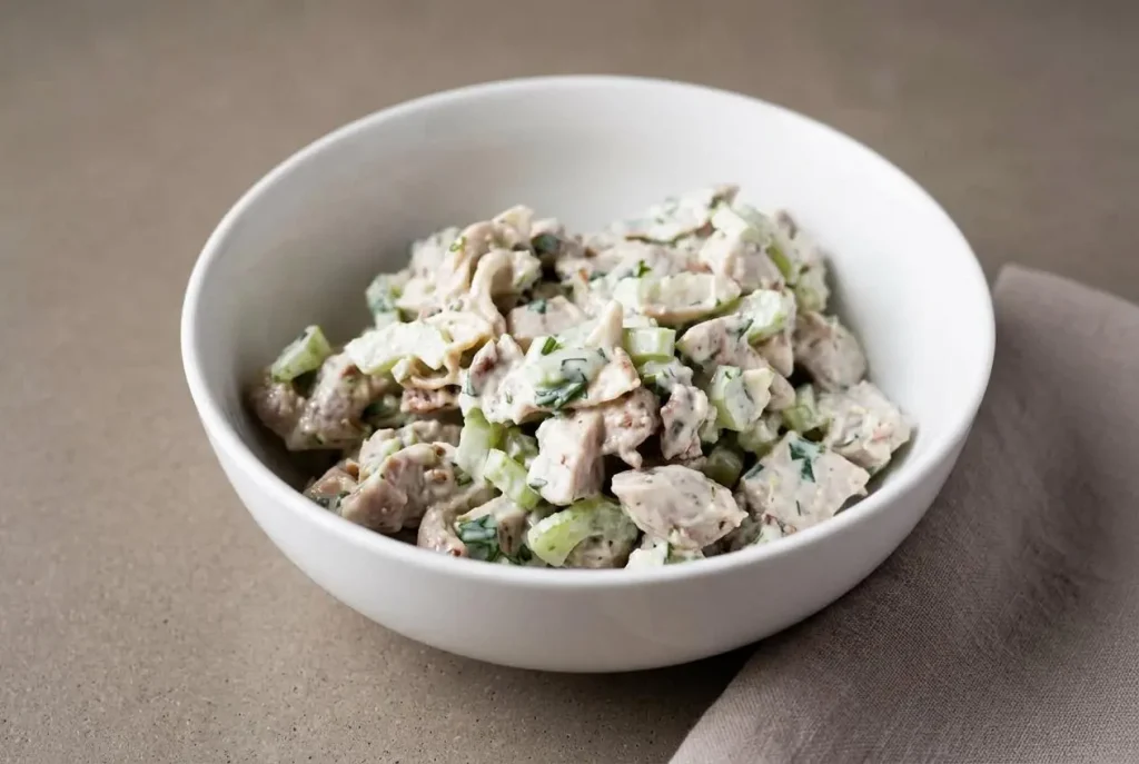 Creamy keto chicken salad with juicy chicken thighs, crisp celery, and toasted pecans in a serving bowl.