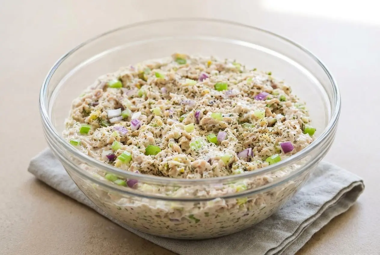 A bowl of creamy keto tuna salad recipe mixed with crisp celery, red onion, and dill relish.