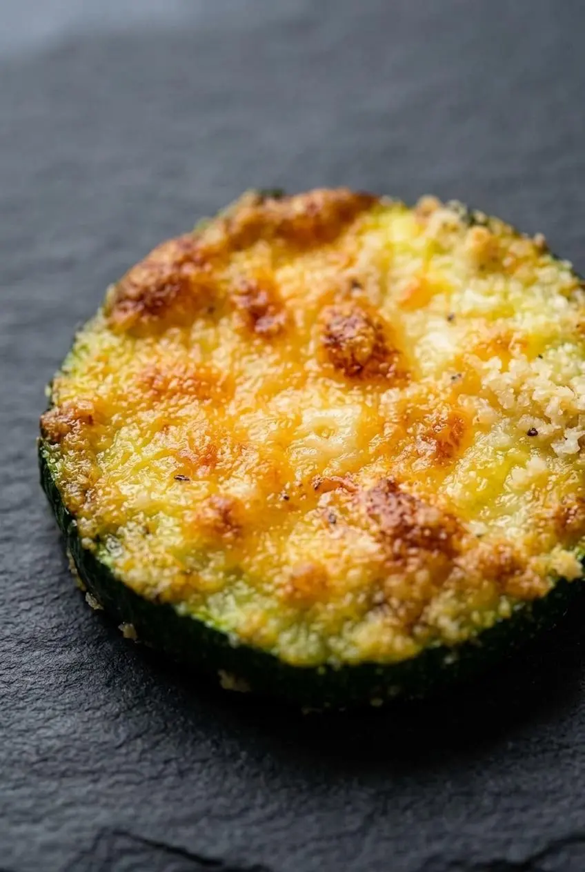 Close-up of a baked zucchini slice showing the detailed bubbly golden-brown parmesan cheese crust.