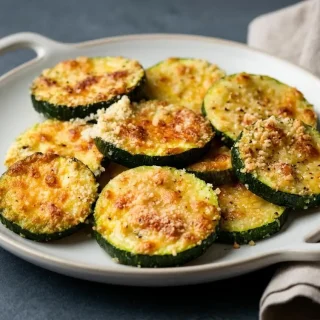 Golden-brown keto baked zucchini slices with a crispy parmesan and almond meal crust.