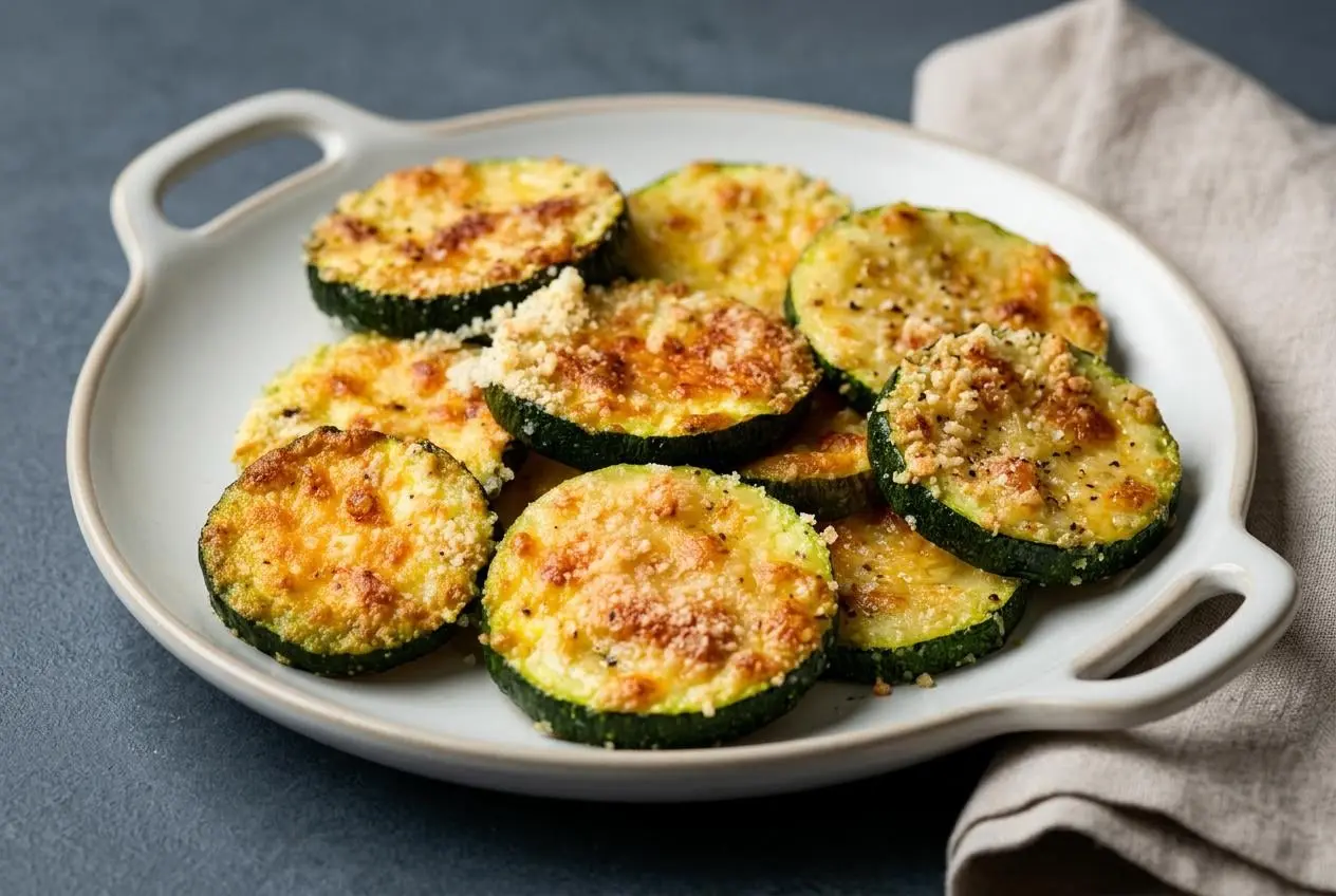 Golden-brown keto baked zucchini slices with a crispy parmesan and almond meal crust.