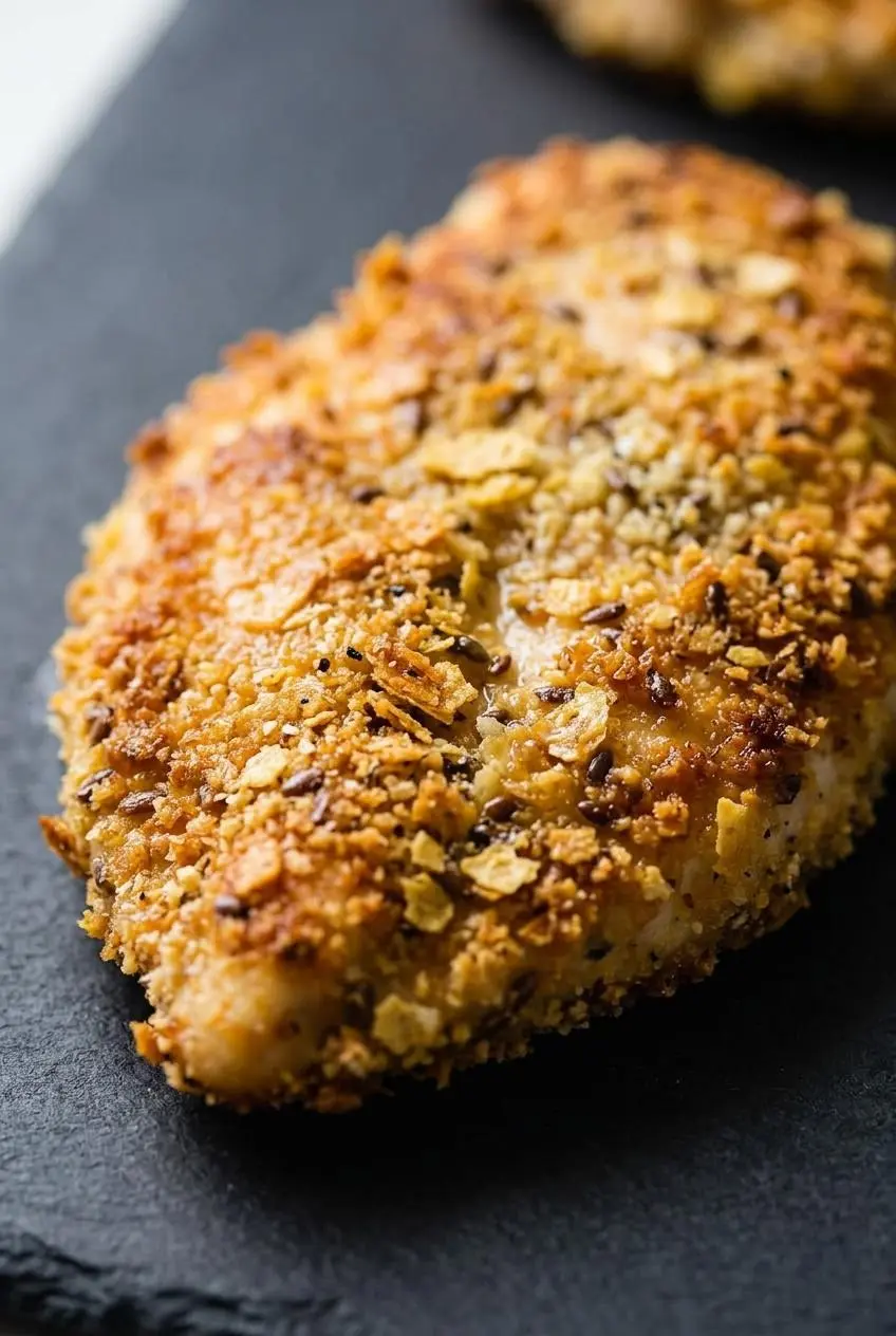 Golden-brown crust on a pan-seared chicken cutlet coated in keto bread crumbs.