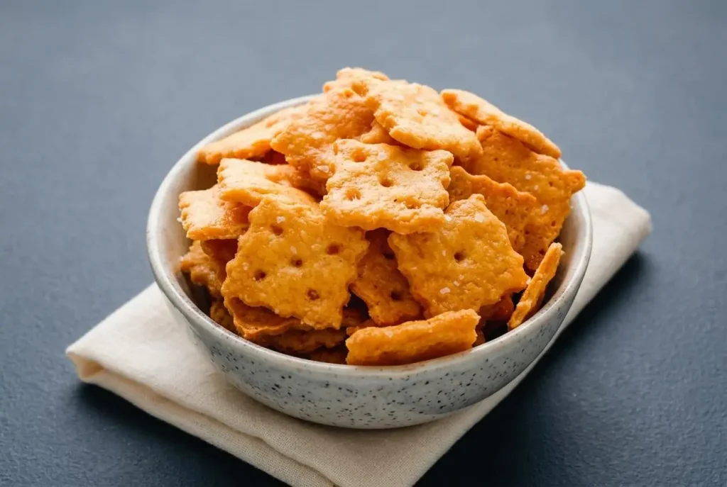 Crispy keto cheese crackers made with sharp cheddar and almond flour on a serving plate.