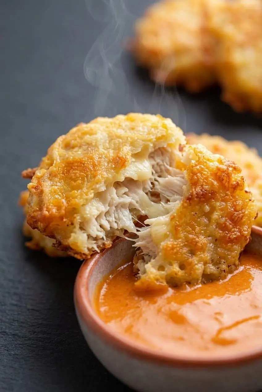 Close-up of a crispy keto chicken nugget broken in half, showing the moist chicken inside and golden cheese crust.