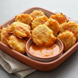 Golden brown and crispy keto chicken nuggets piled on a plate, showing a crunchy baked cheese exterior.