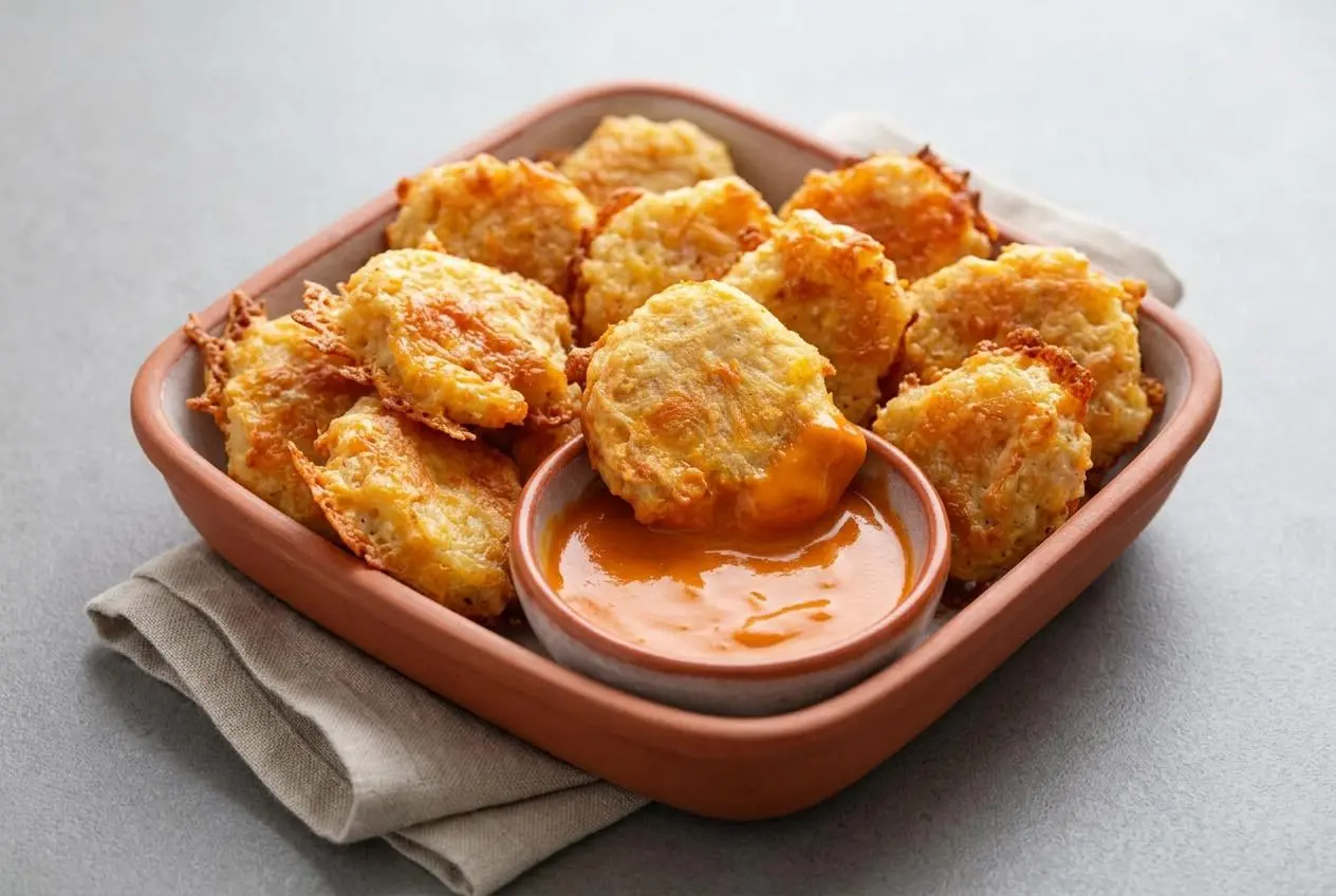 Golden brown and crispy keto chicken nuggets piled on a plate, showing a crunchy baked cheese exterior.