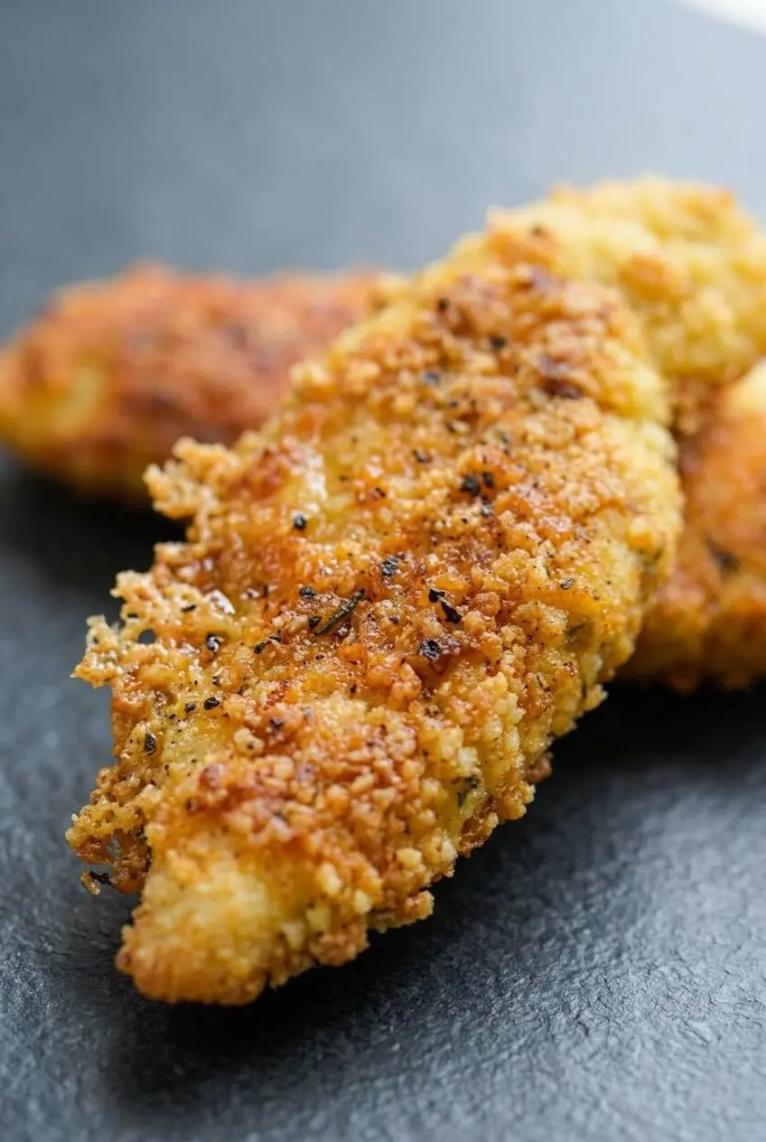 Close-up of a golden keto chicken tender crust showing toasted parmesan cheese, almond flour, and spices.
