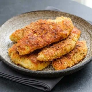 Crispy golden keto chicken tenders coated in a savory parmesan and almond flour crust on a platter.