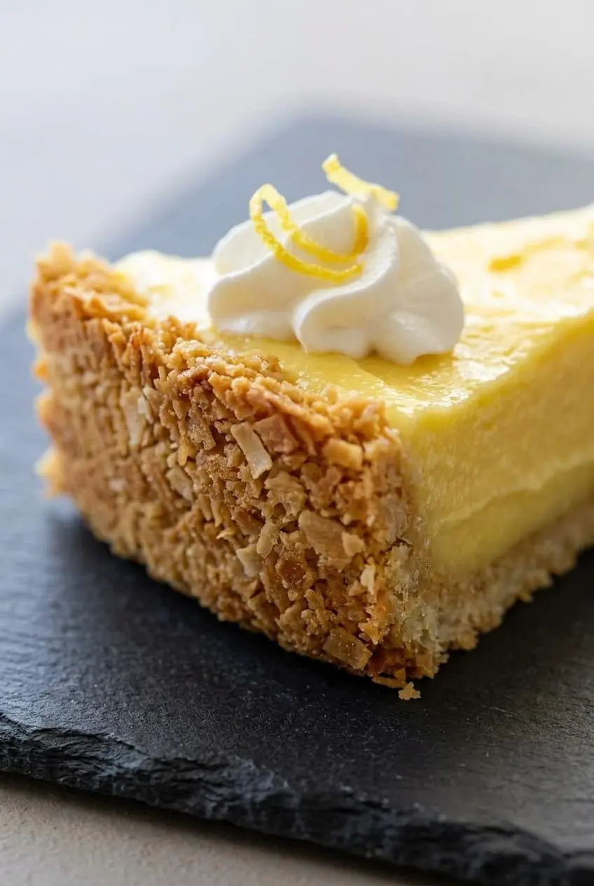 Macro close-up of the toasted, golden-brown coconut and almond flour pie crust edge on a dark slate surface.