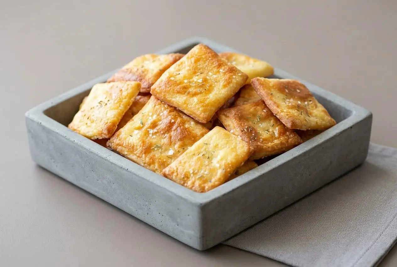 Crisp golden keto crackers baked into savory squares with lightly toasted edges.