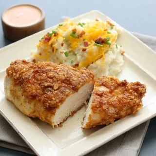 Crispy golden-brown keto fried chicken with a crunchy pork rind and parmesan crust.