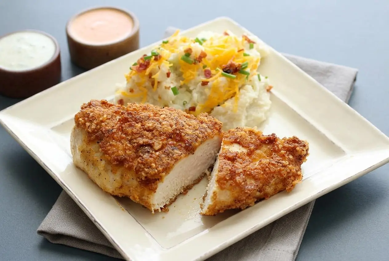 Crispy golden-brown keto fried chicken with a crunchy pork rind and parmesan crust.