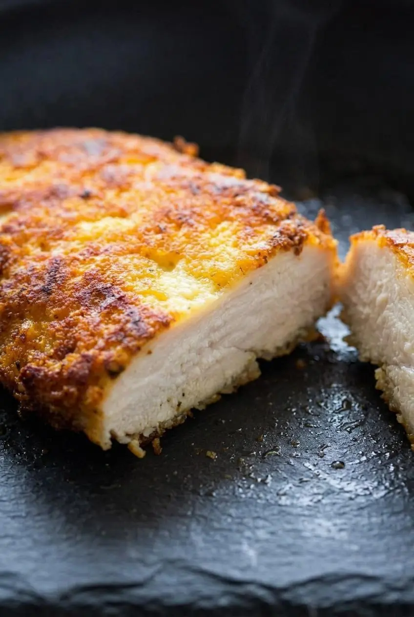 A sliced keto parmesan crusted chicken cutlet showing a juicy interior and a crispy golden-brown cheese crust.