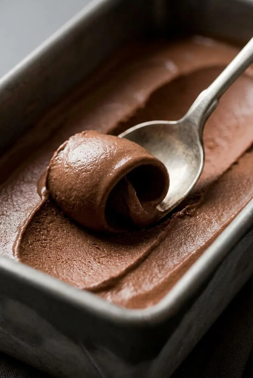 Spoon gliding through velvety, dense keto chocolate ice cream showing a smooth, crystal-free ribbon.