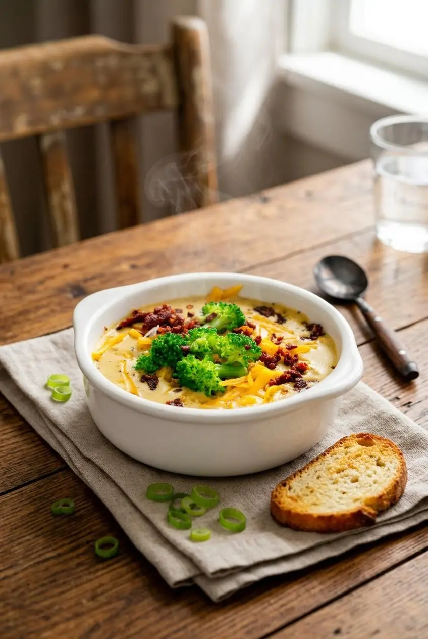 Bowl of warm keto broccoli cheddar soup garnished with crispy crumbled bacon and green onions.