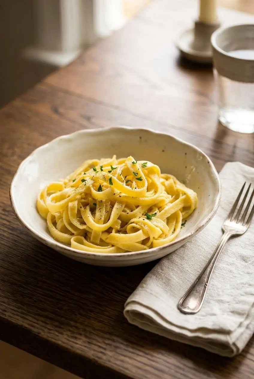 Warm keto egg noodles tossed with melted butter, cracked black pepper, and fresh parsley in a rustic ceramic bowl.