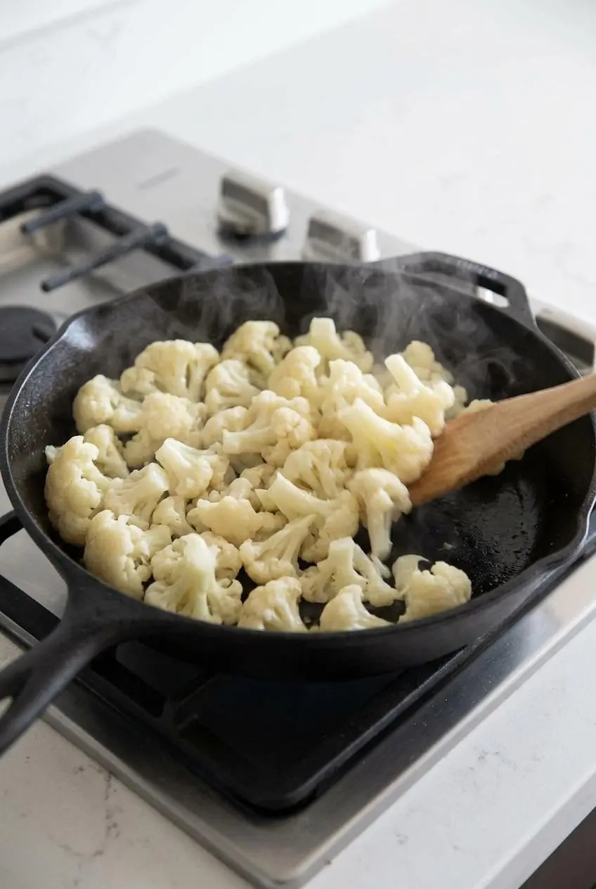 Steaming cauliflower florets tossed in a dry cast iron skillet to evaporate surface moisture.