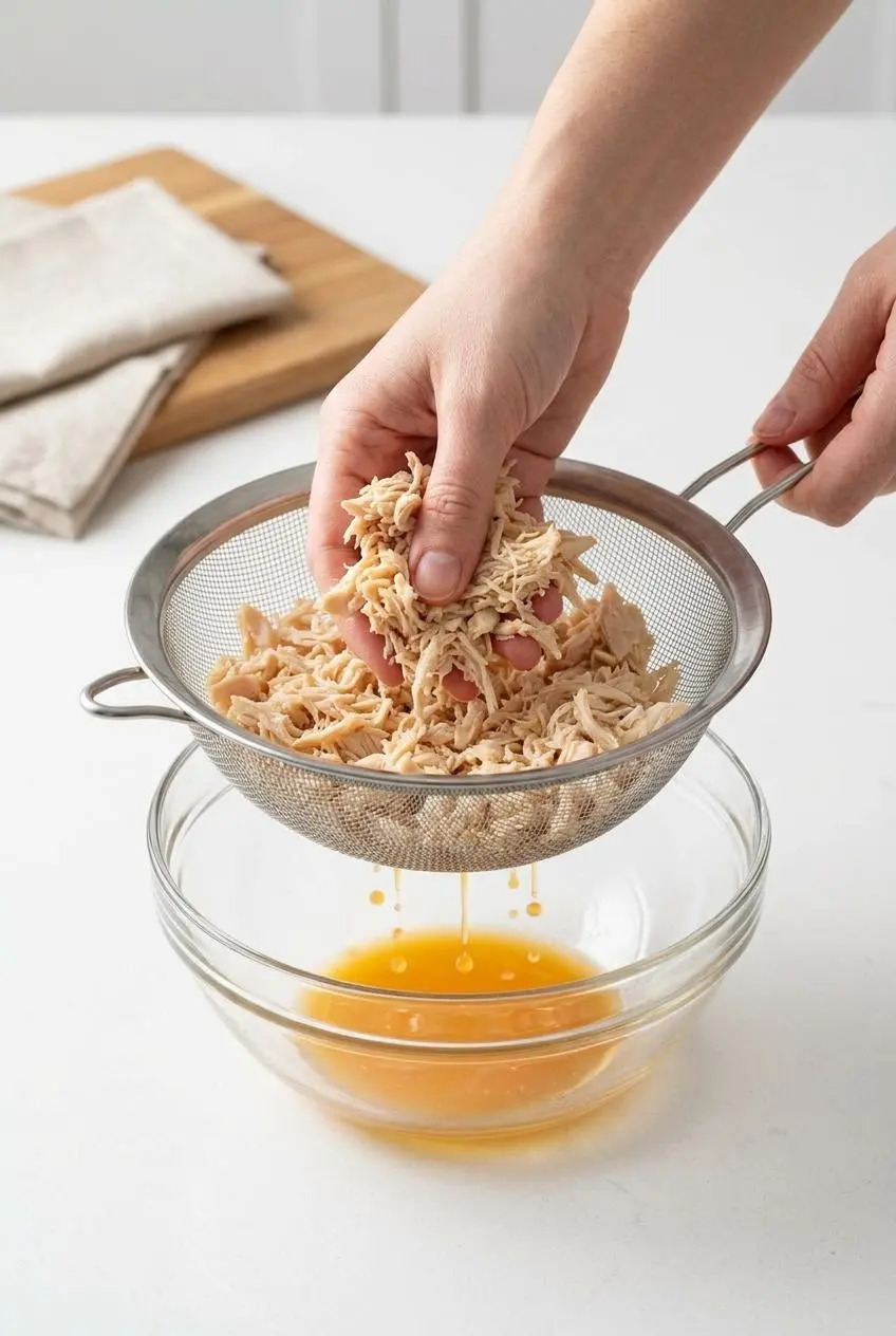 Hands pressing canned chicken through a fine-mesh strainer over a glass bowl to remove excess moisture.