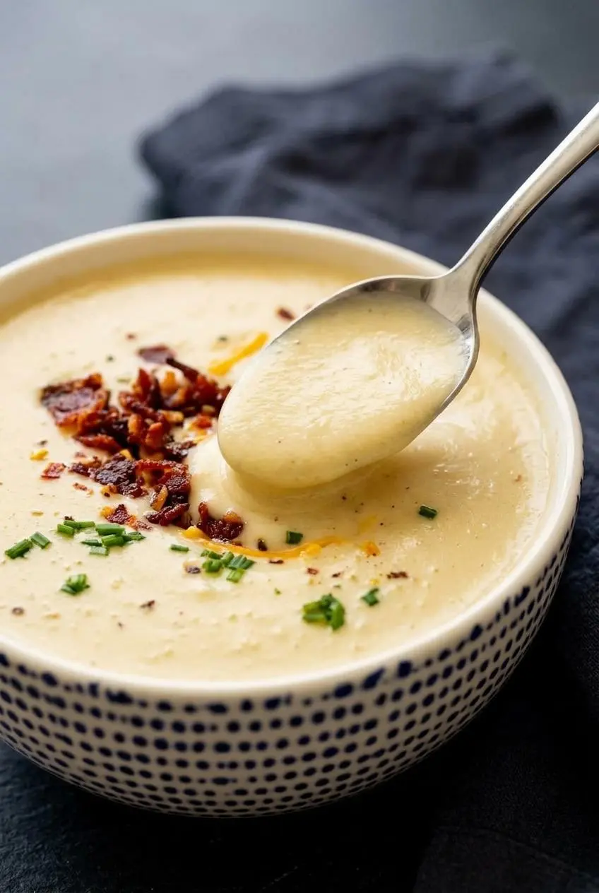 A silver spoon lifting smooth, creamy cauliflower soup to show its velvety, emulsified texture.