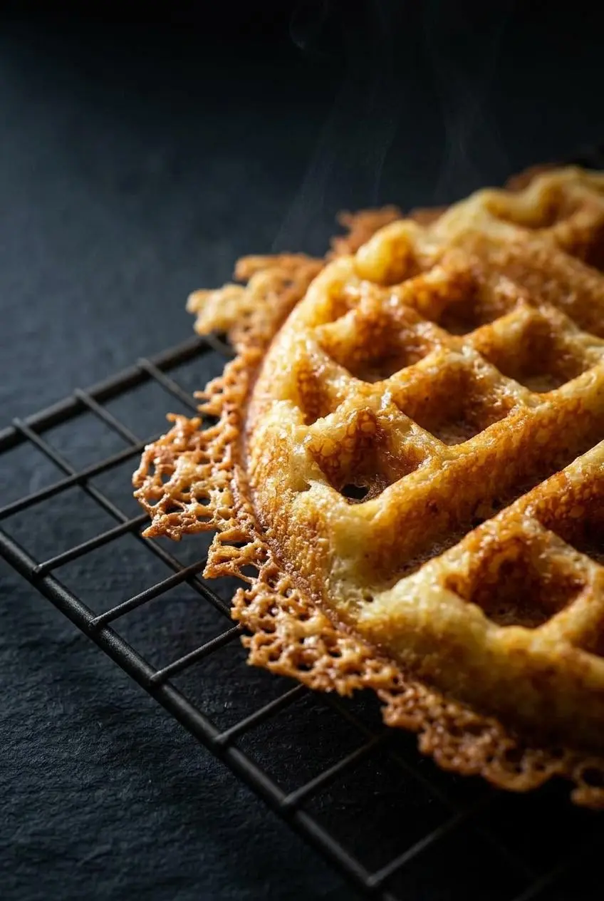Close-up of a crispy, golden-brown keto chaffle crust resting on a dark wire cooling rack.