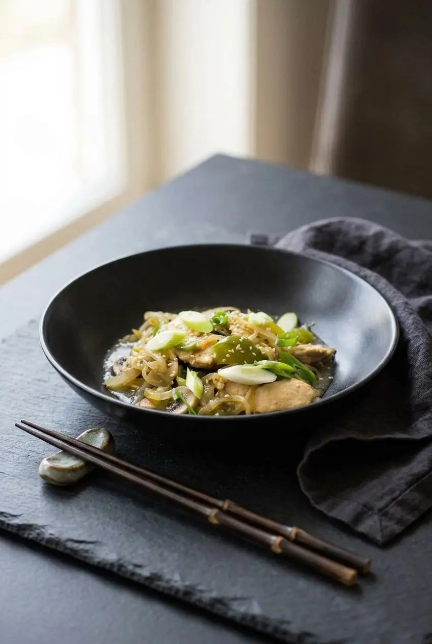Finished keto chicken stir fry served in a dark ceramic bowl with chopsticks on a slate table.
