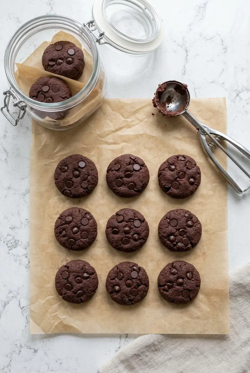 Portioned raw keto chocolate cookie dough disks on parchment paper beside a glass storage container.