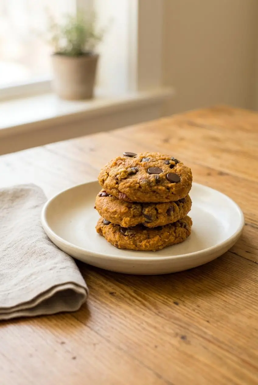 Stack of three freshly baked low-carb pumpkin chocolate chip cookies on a ceramic plate.