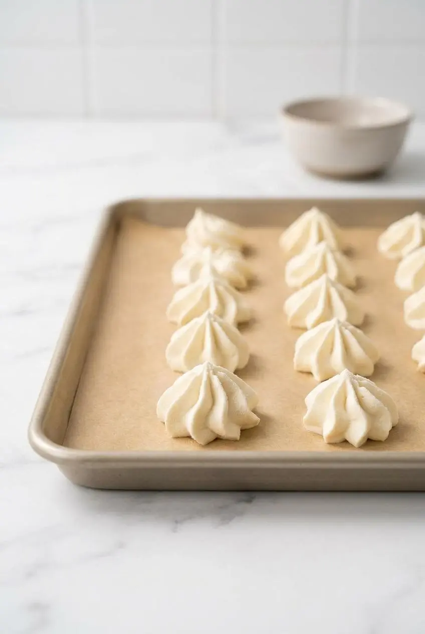 Frozen piped star-shaped dollops of whipped cream arranged on a parchment-lined baking sheet.