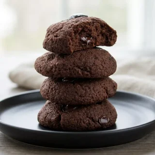 Fudgy keto chocolate cookies with melted sugar-free chocolate chips on a baking sheet.