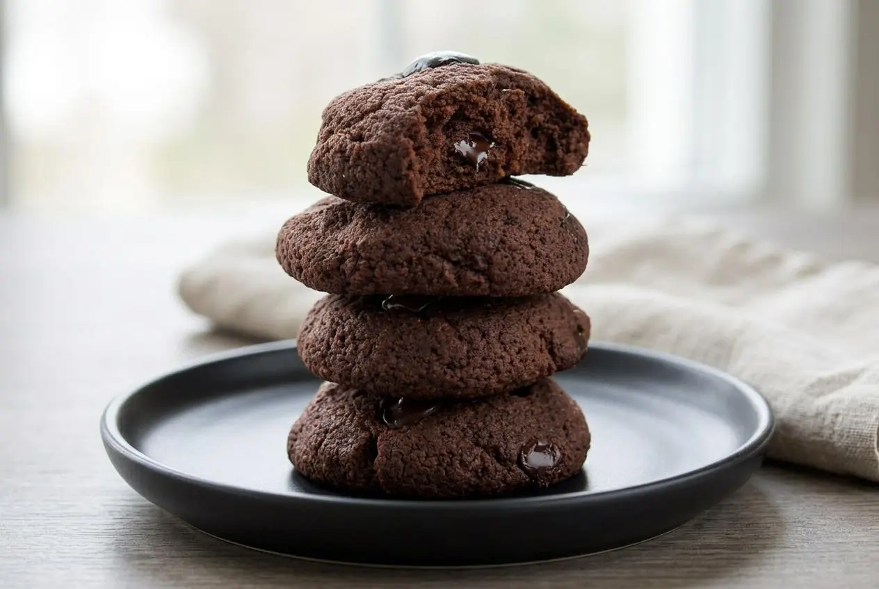 Fudgy keto chocolate cookies with melted sugar-free chocolate chips on a baking sheet.