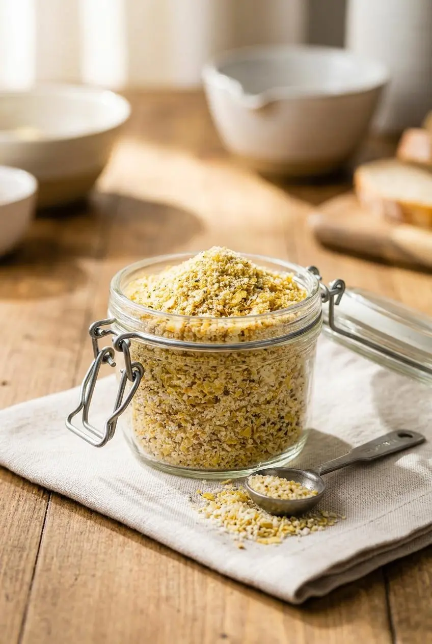 Clear glass jar with freshly mixed keto bread crumbs and measuring spoon on a wooden table.