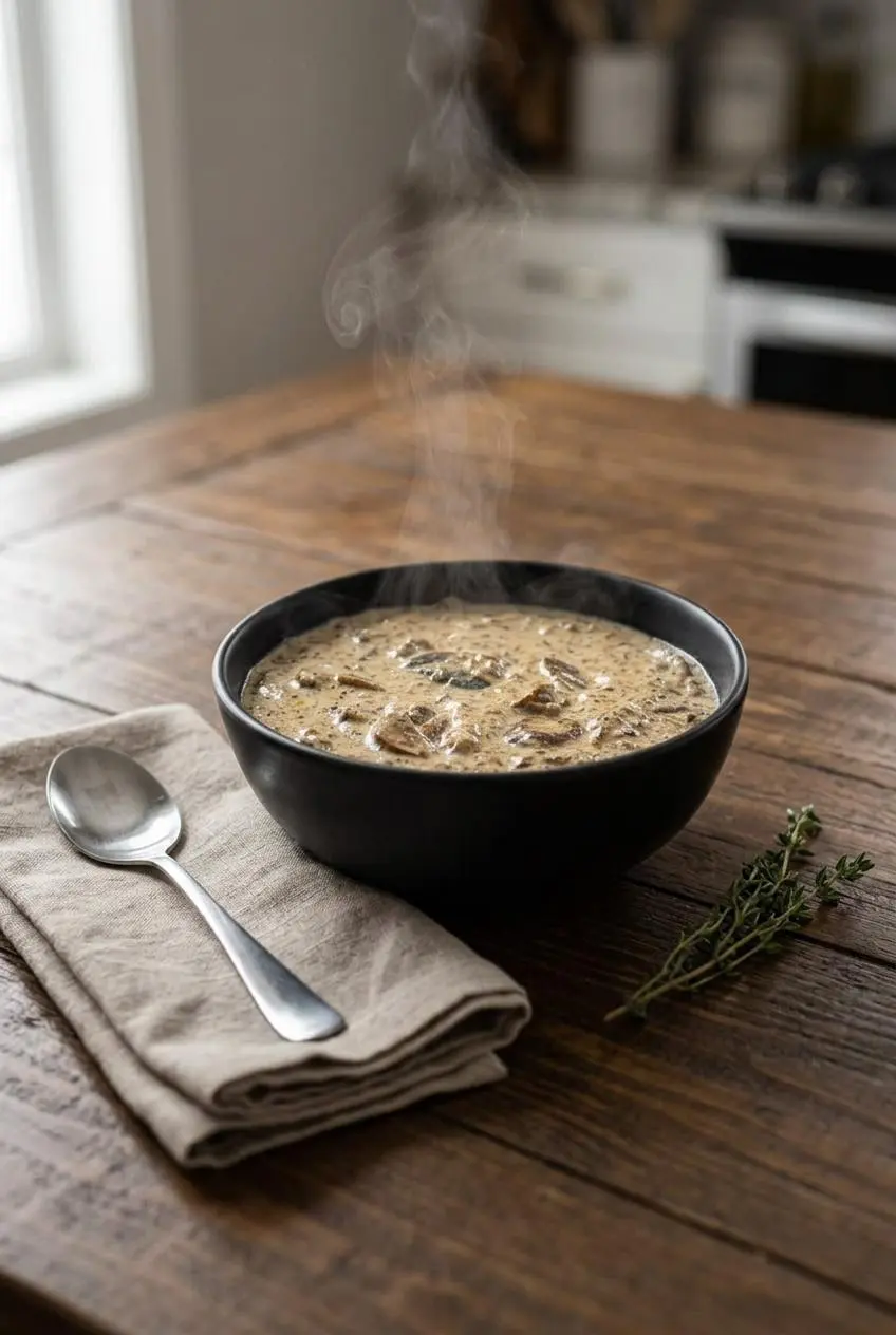 Cozy ceramic bowl of hot keto cream of mushroom soup on a rustic wooden table, with gentle steam rising from the surface.