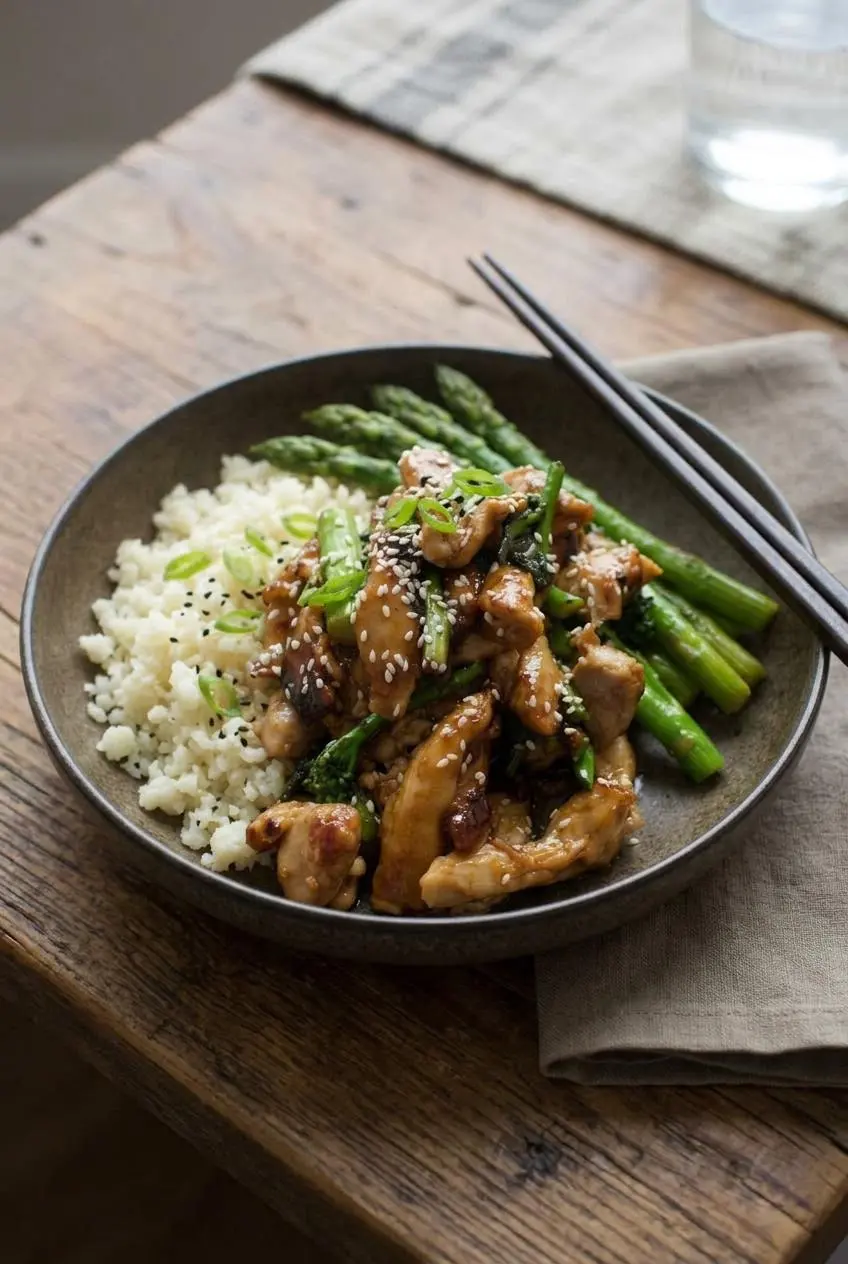 Seared keto teriyaki chicken thighs served with asparagus and broccolini over cauliflower rice in a ceramic bowl.