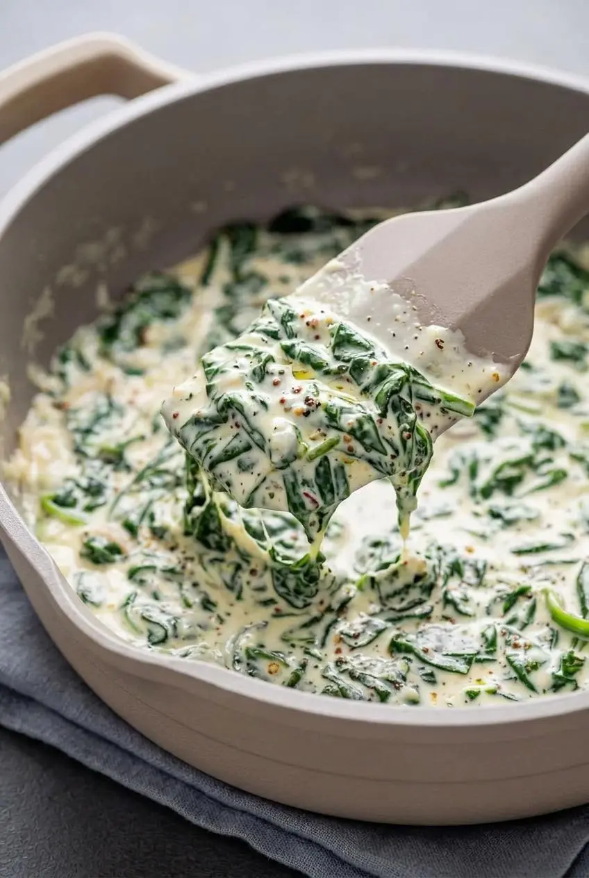 A silicone spatula lifts a thick, velvety spoonful of creamed spinach from a dark pan, showing no water separation.