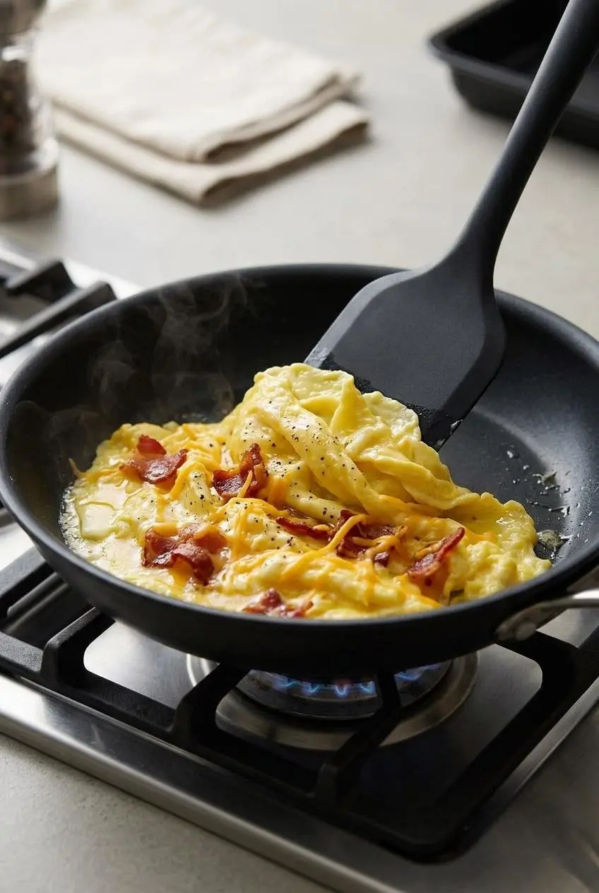 Folding glossy eggs with a black spatula in a skillet to make soft-curd scrambled eggs.