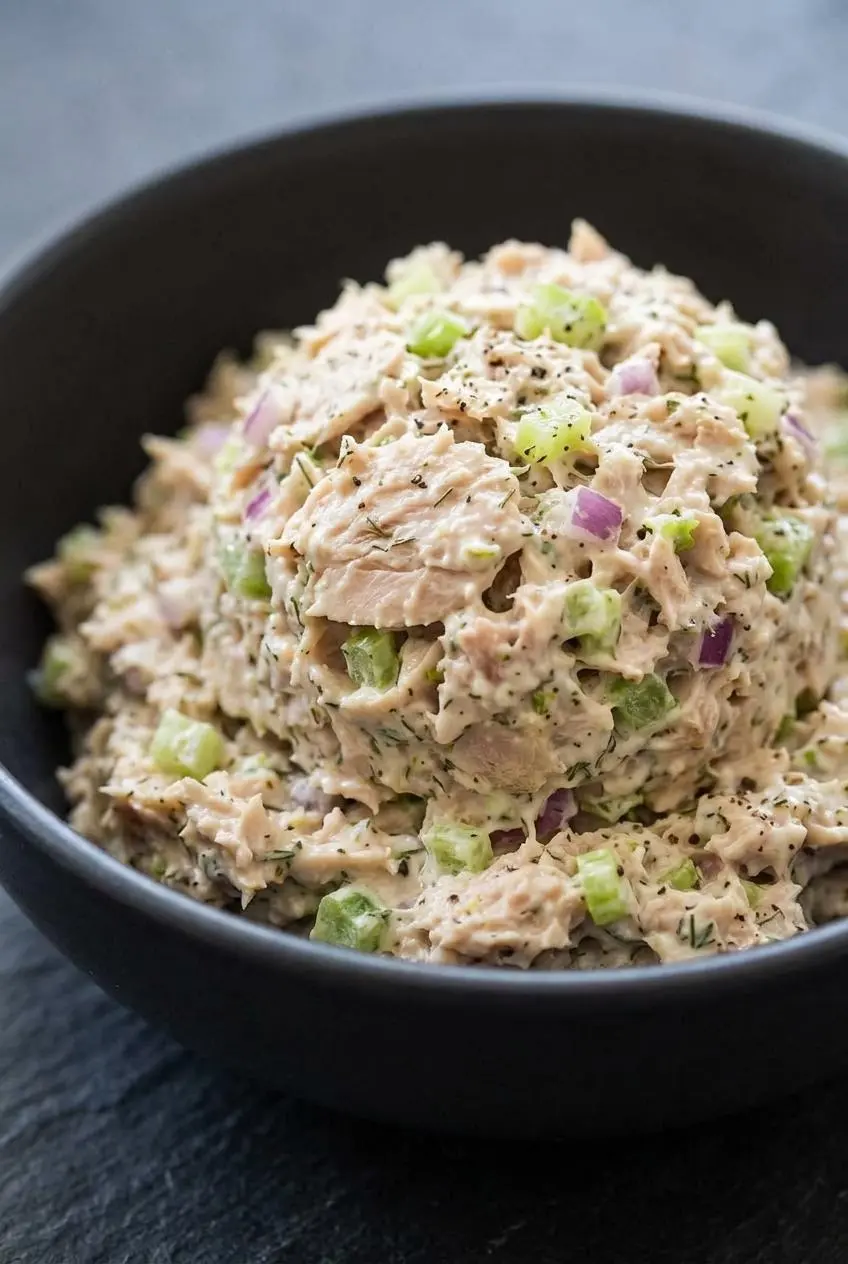 Close-up of a thick scoop of tuna salad in a dark bowl on a slate countertop with no watery separation.