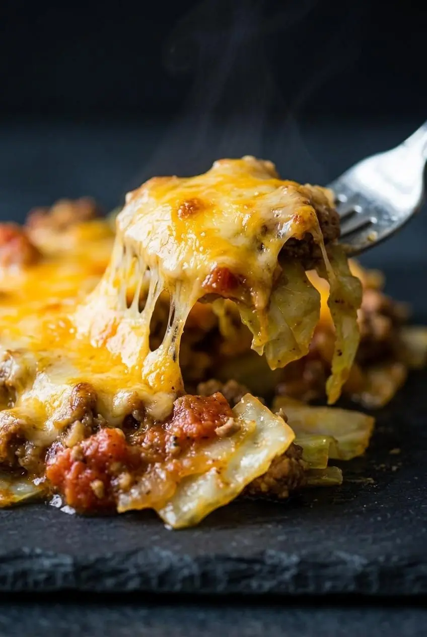 A fork lifting a portion of cheesy cabbage casserole from a skillet, showing a warm cheese pull.