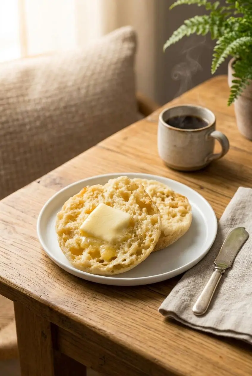 Two toasted keto English muffin halves served on a ceramic plate with a butter knife on a wooden table.