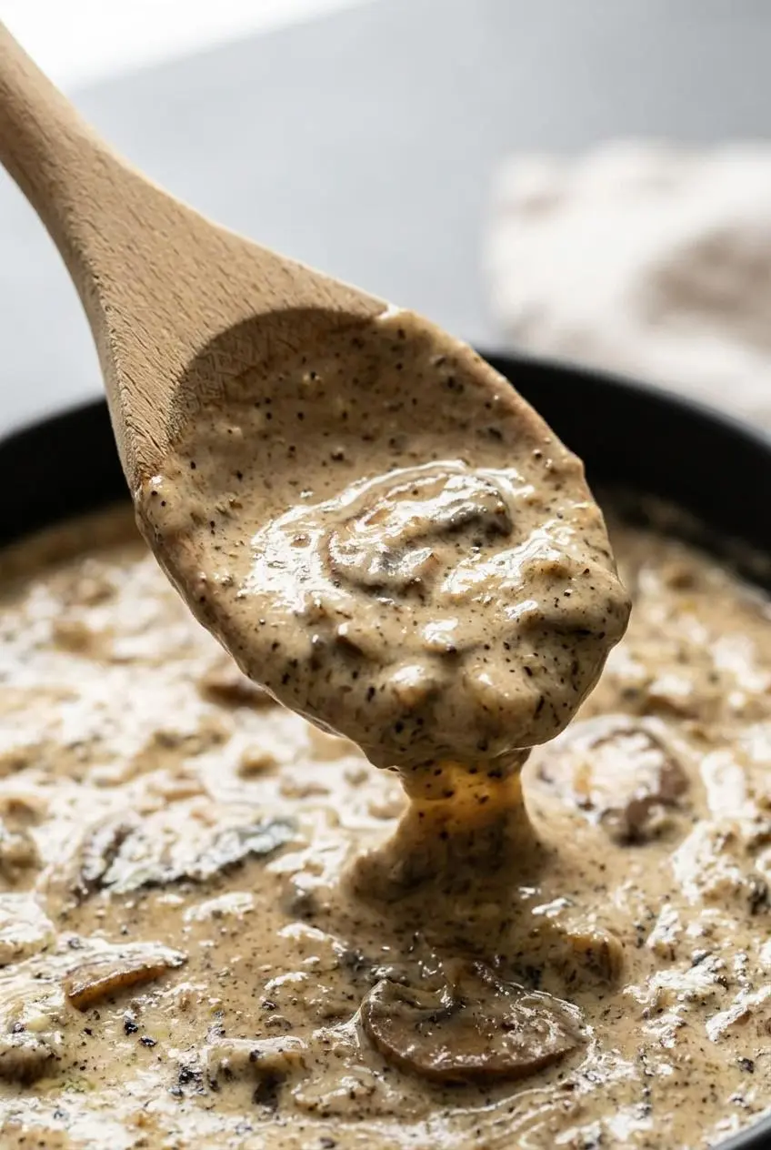 A wooden spoon lifting thick keto cream of mushroom soup, showing how the glossy, emulsified liquid coats the spoon.