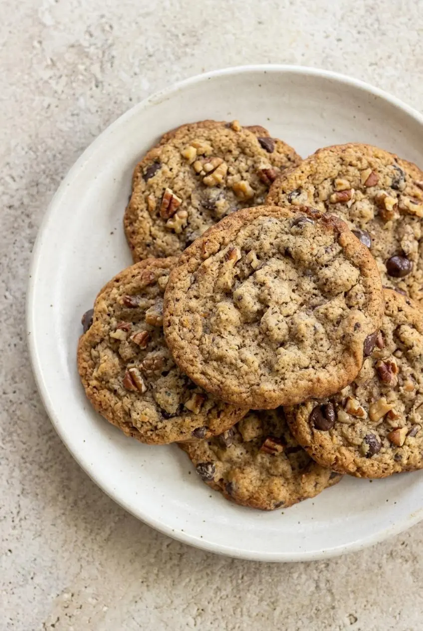Keto almond flour cookies studded with chopped toasted pecans, walnuts, and sugar-free chocolate chips.