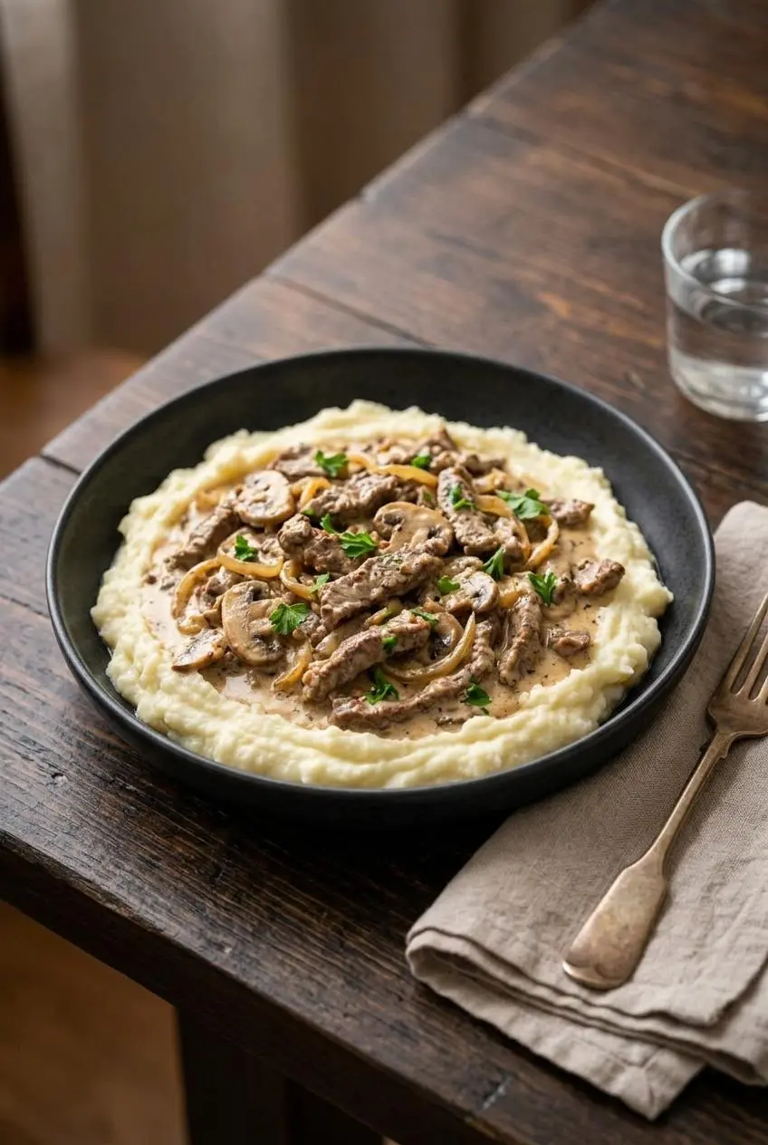 Savory keto beef stroganoff served over a smooth bed of buttery cauliflower mash in a rustic ceramic bowl.