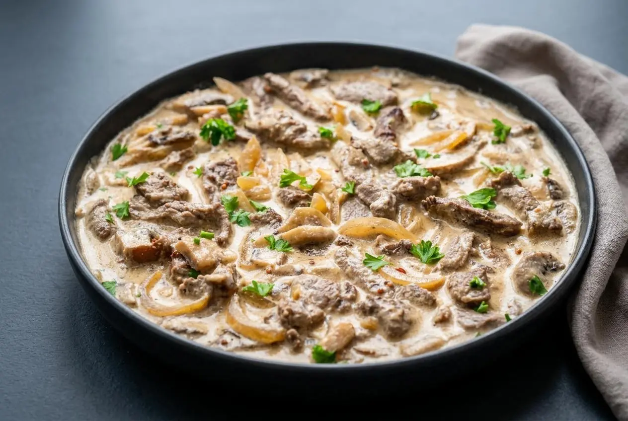 Tender strips of keto beef stroganoff with sliced mushrooms in a rich, glossy sour cream gravy.