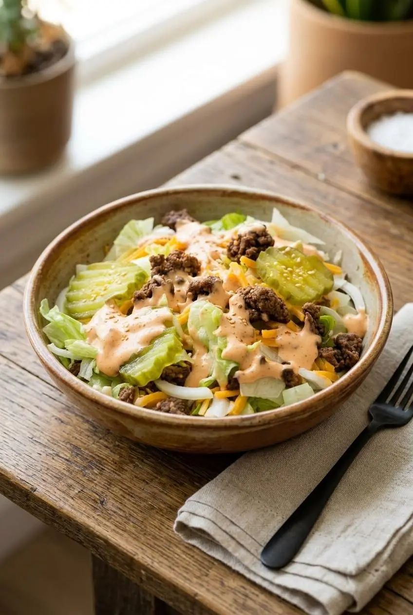 A single serving of layered keto big mac salad with sesame seeds and a drizzle of tangy dressing in a ceramic bowl.