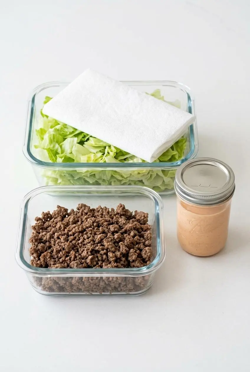 Three glass meal prep containers holding separate ingredients of iceberg lettuce, ground beef, and copycat dressing.