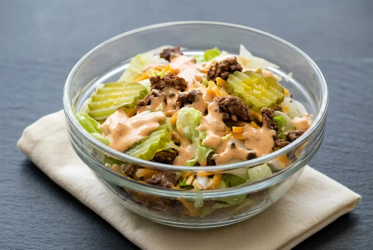 Keto big mac salad recipe featuring crisp lettuce topped with browned ground beef, cheddar cheese, and a creamy special sauce.