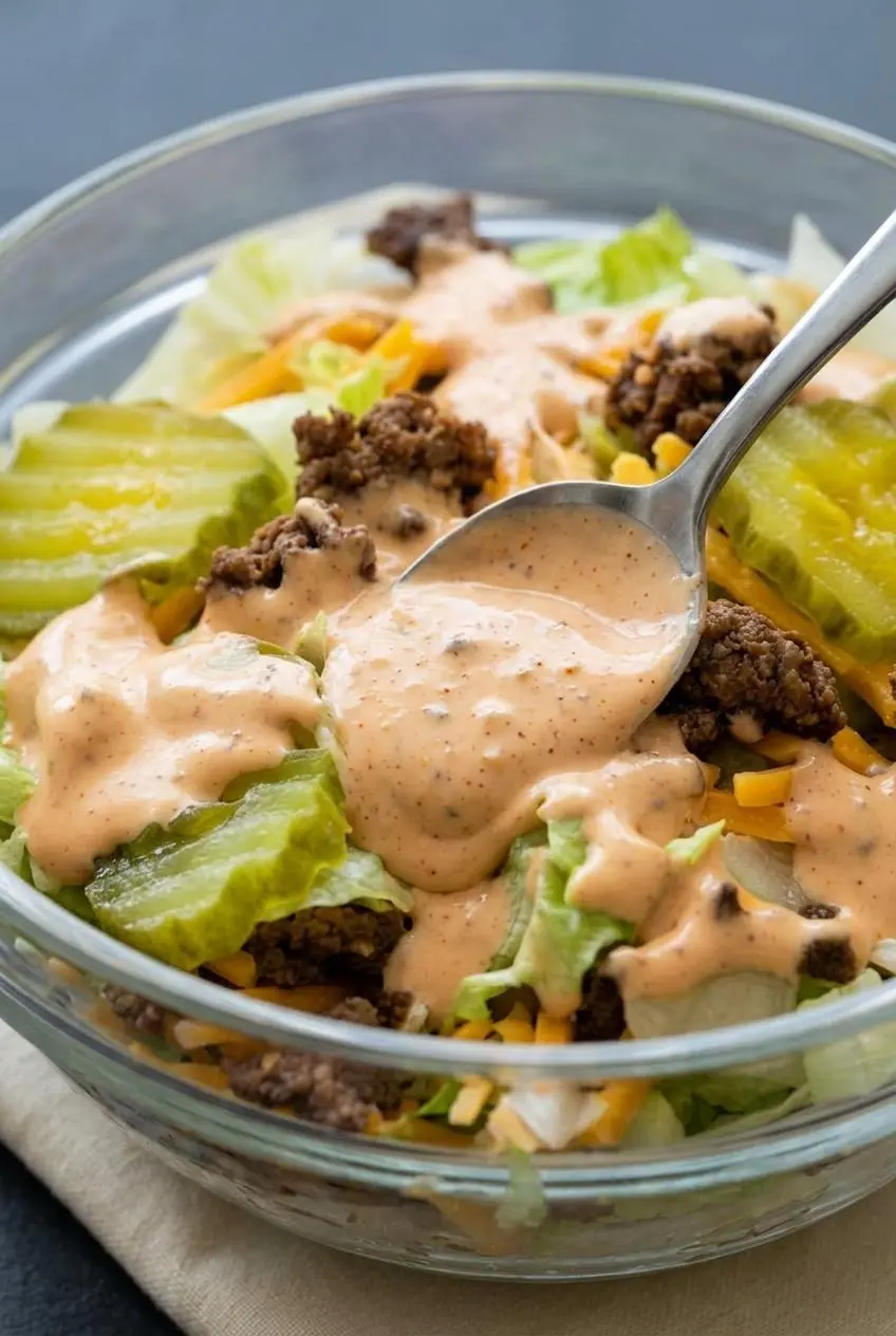 Creamy pastel orange-pink keto big mac sauce with flecks of smoked paprika being stirred with a spoon in a white bowl.