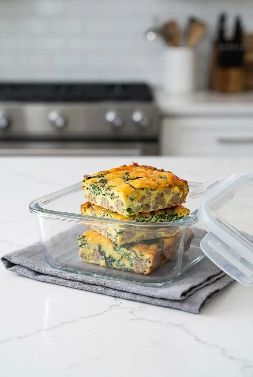 Two square slices of breakfast casserole stacked inside a glass meal prep container with the lid open.