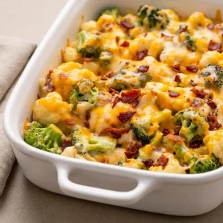 Baked keto broccoli cauliflower casserole in a dish with melted golden cheese and crispy crumbled bacon.