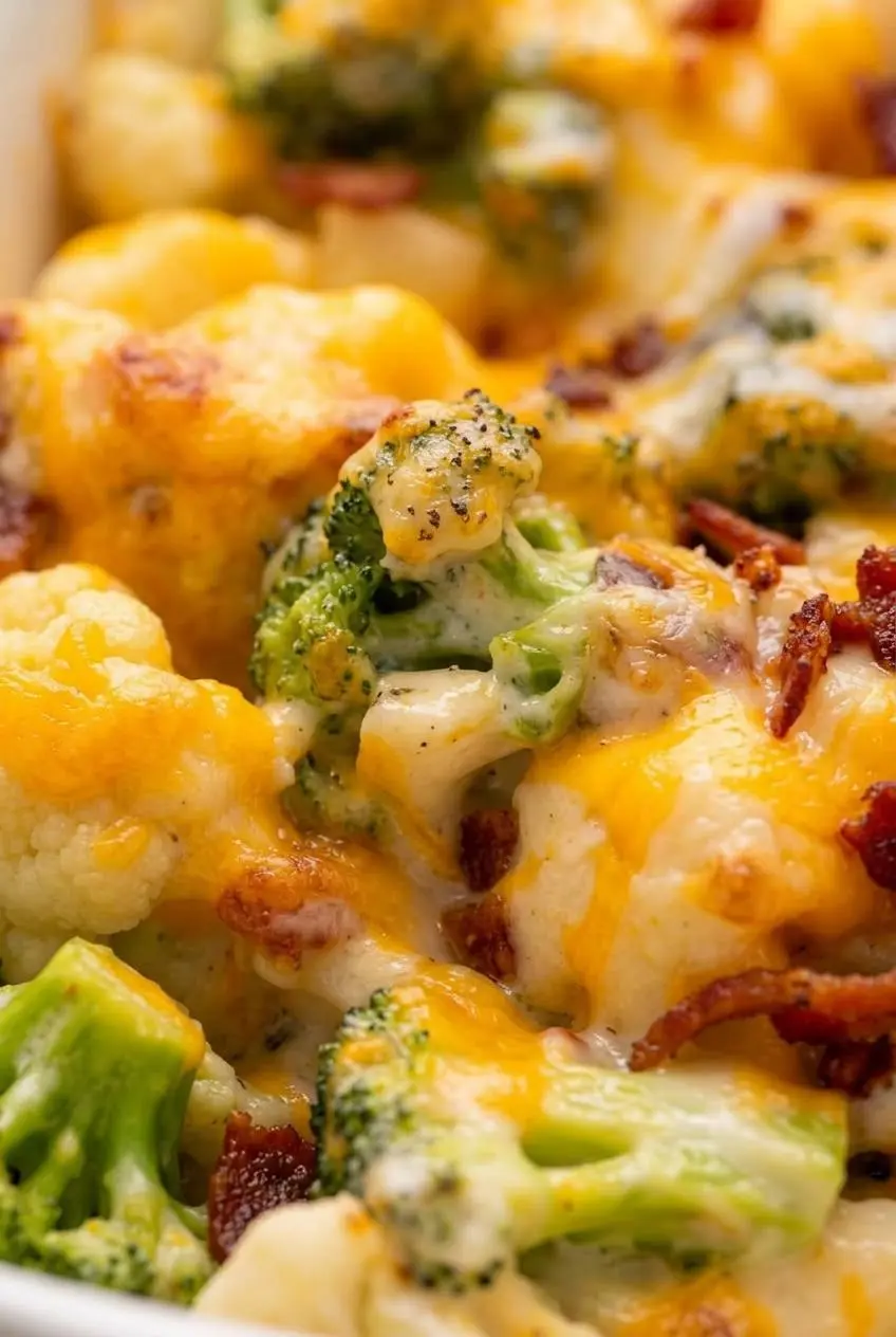 Close-up of creamy keto vegetable casserole texture with tender florets, melted cheese, and bacon crumbles.