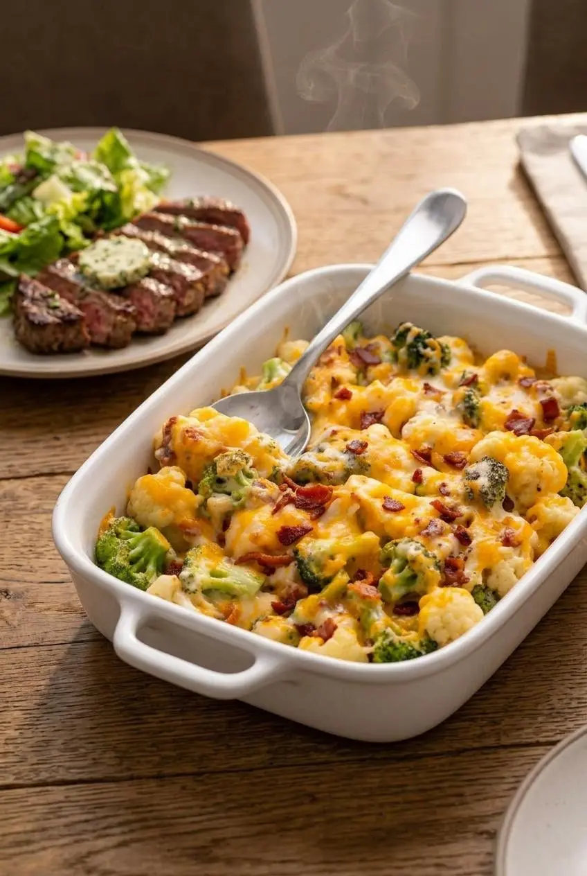 Serving keto broccoli cauliflower casserole from a baking dish alongside seared steak and fresh green salad.